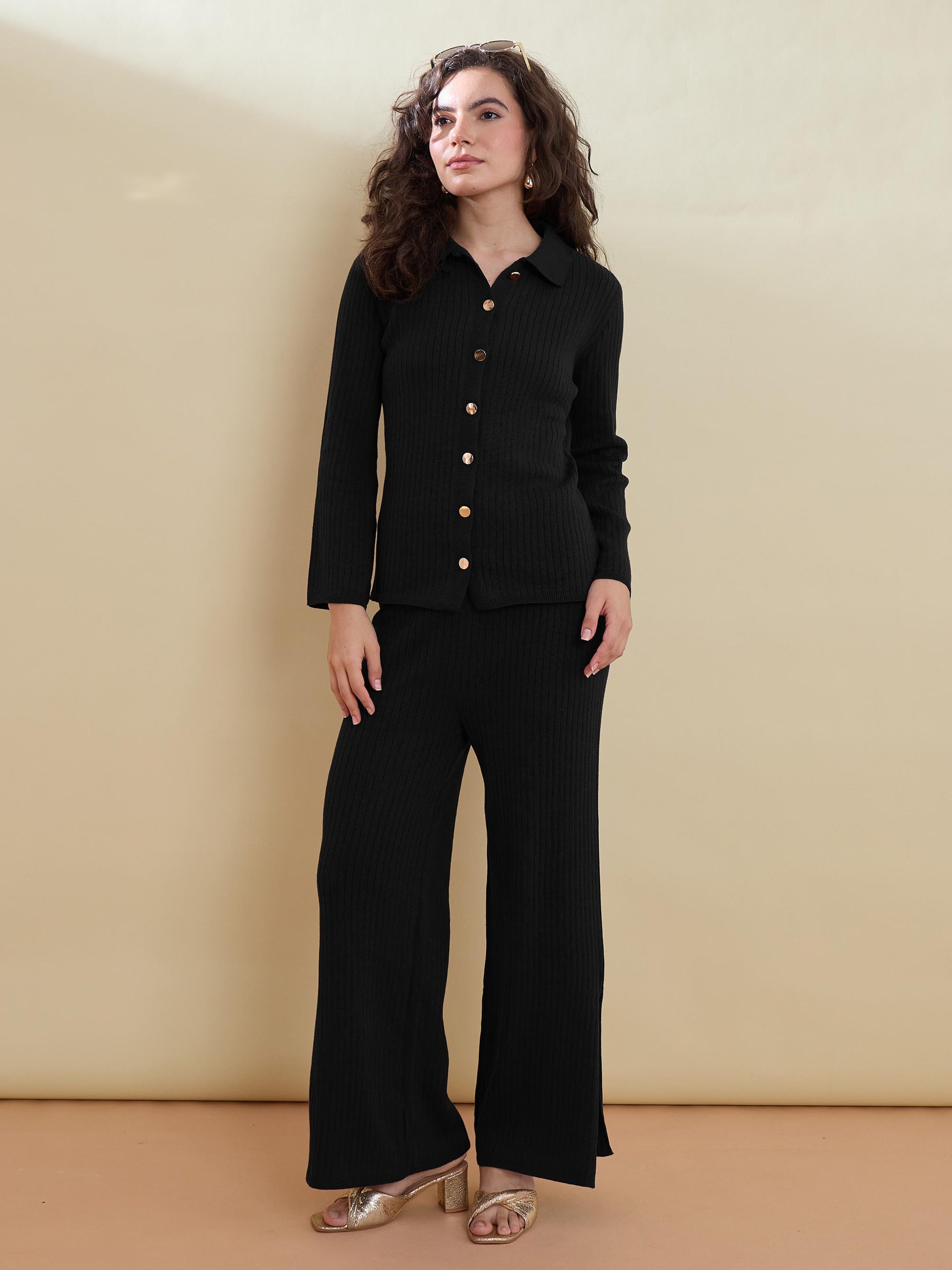 Black Knitted Button Bell Sleeve Top With Slit Pants-SASSAFRAS
