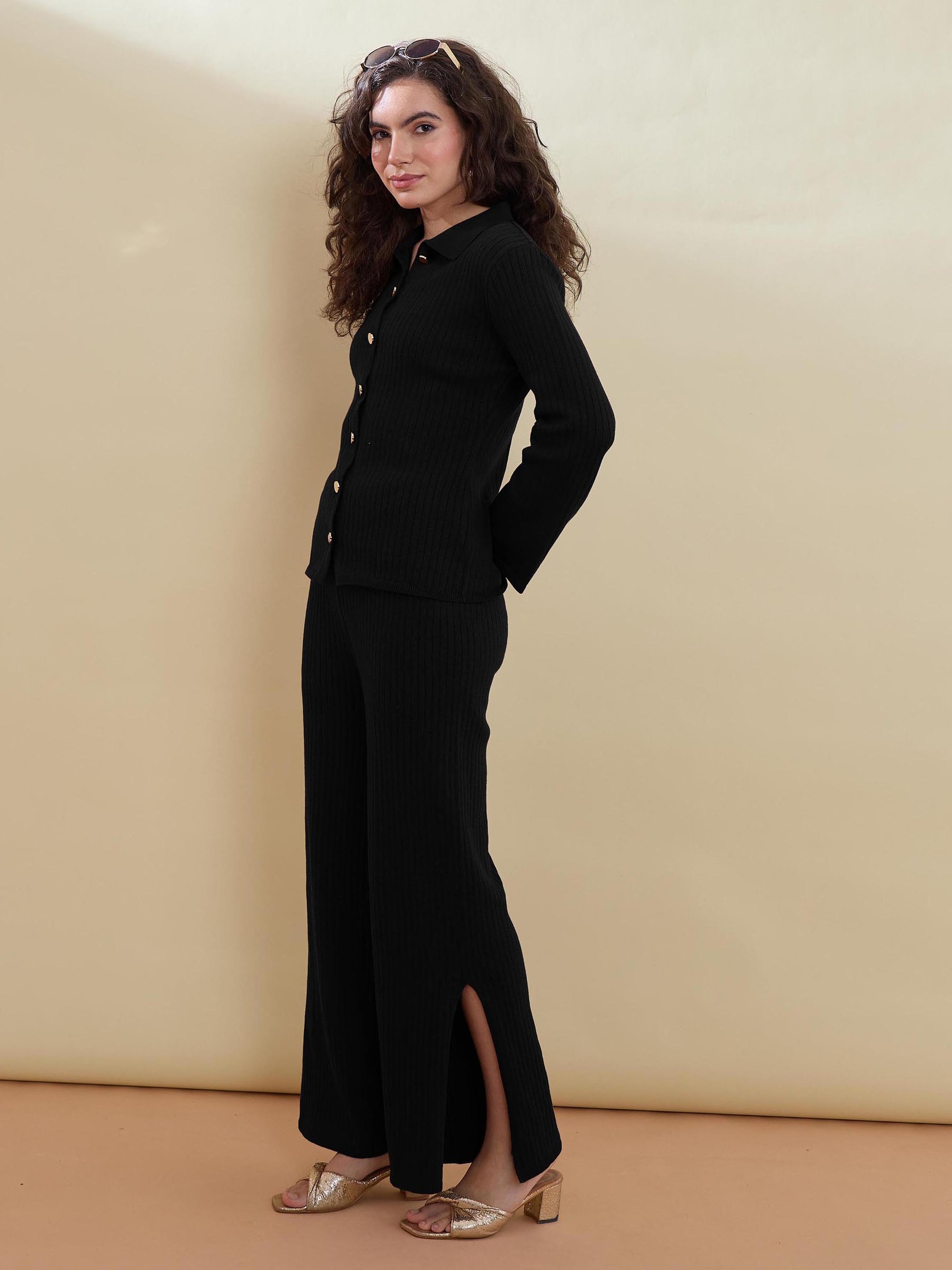 Black Knitted Button Bell Sleeve Top With Slit Pants-SASSAFRAS