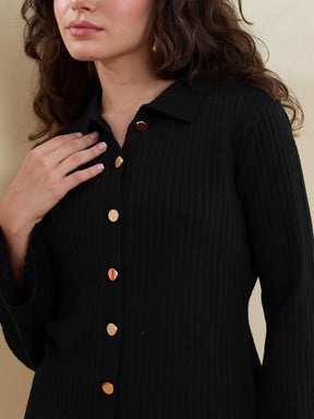 Black Knitted Button Bell Sleeve Top With Slit Pants-SASSAFRAS