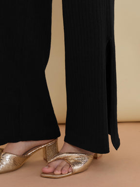 Black Knitted Button Bell Sleeve Top With Slit Pants-SASSAFRAS