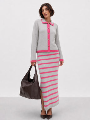 Grey & Pink Knit Collar Metal Button Top With Maxi Skirt -SASSAFRAS
