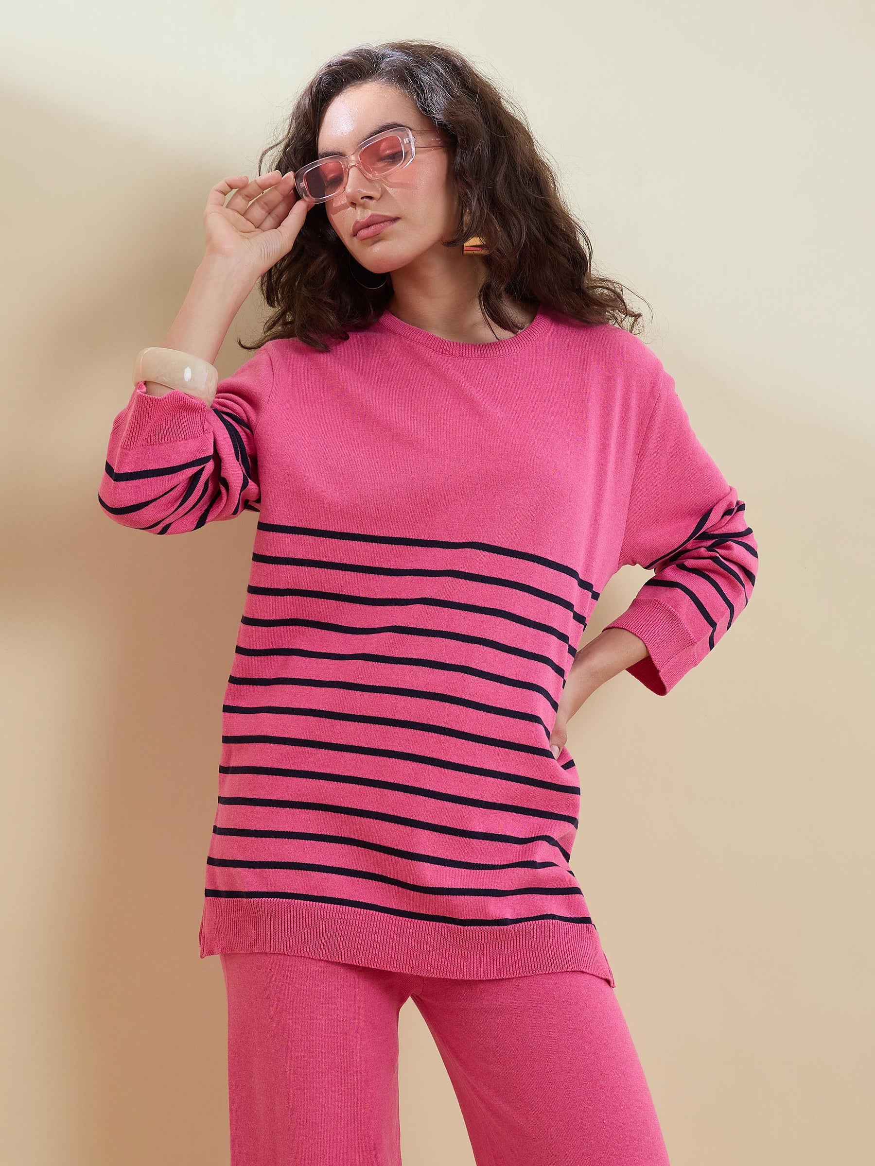 Pink & Navy Knitted Oversize Sweatshirt With Pants-SASSAFRAS