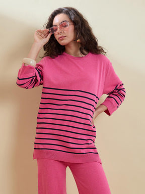 Pink & Navy Knitted Oversize Sweatshirt With Pants-SASSAFRAS