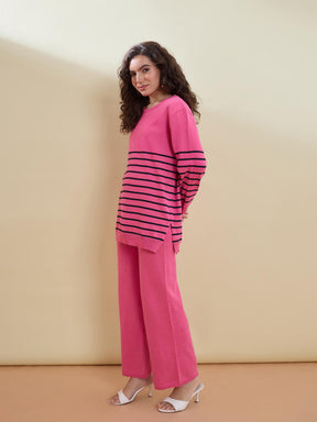 Pink & Navy Knitted Oversize Sweatshirt With Pants-SASSAFRAS