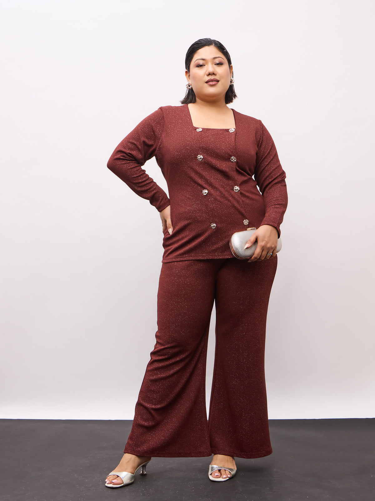 Brown Metal Button Top With Bell Bottom Pants-SASSAFRAS Curve