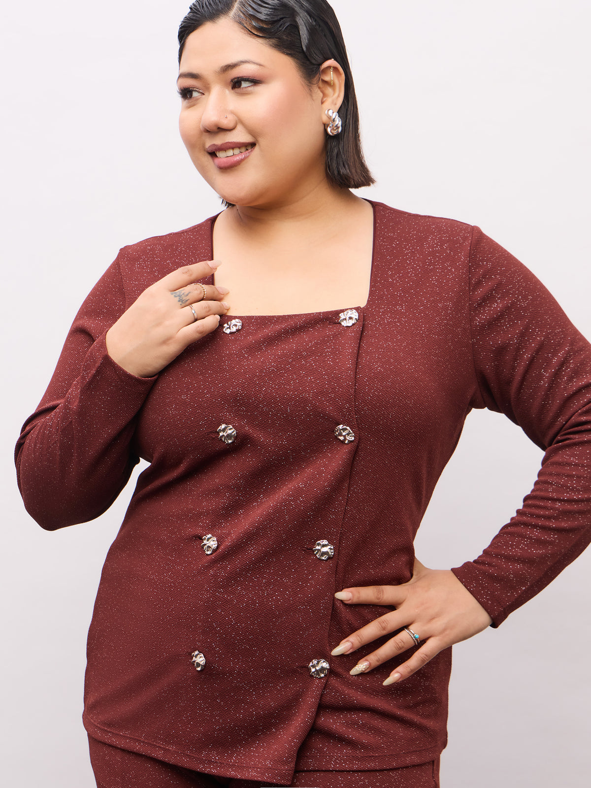 Brown Metal Button Top With Bell Bottom Pants-SASSAFRAS Curve