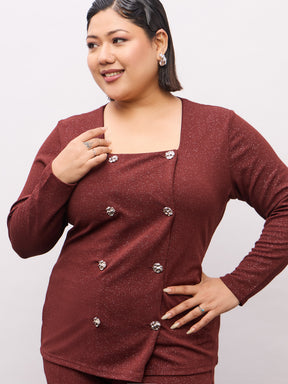Brown Metal Button Top With Bell Bottom Pants-SASSAFRAS Curve