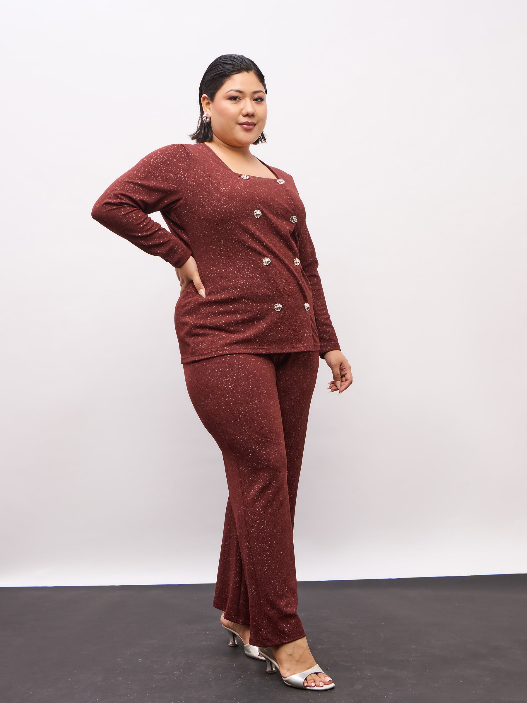 Brown Metal Button Top With Bell Bottom Pants-SASSAFRAS Curve