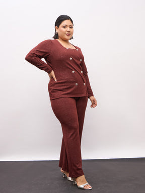 Brown Metal Button Top With Bell Bottom Pants-SASSAFRAS Curve