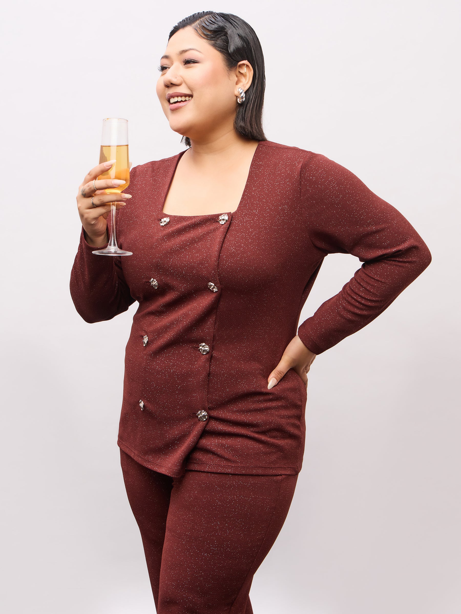 Brown Metal Button Top With Bell Bottom Pants-SASSAFRAS Curve