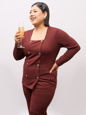 Brown Metal Button Top With Bell Bottom Pants-SASSAFRAS Curve
