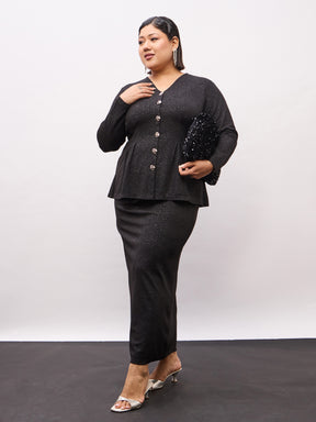 Black Metal Button Top With Midi Skirt-SASSAFRAS Curve