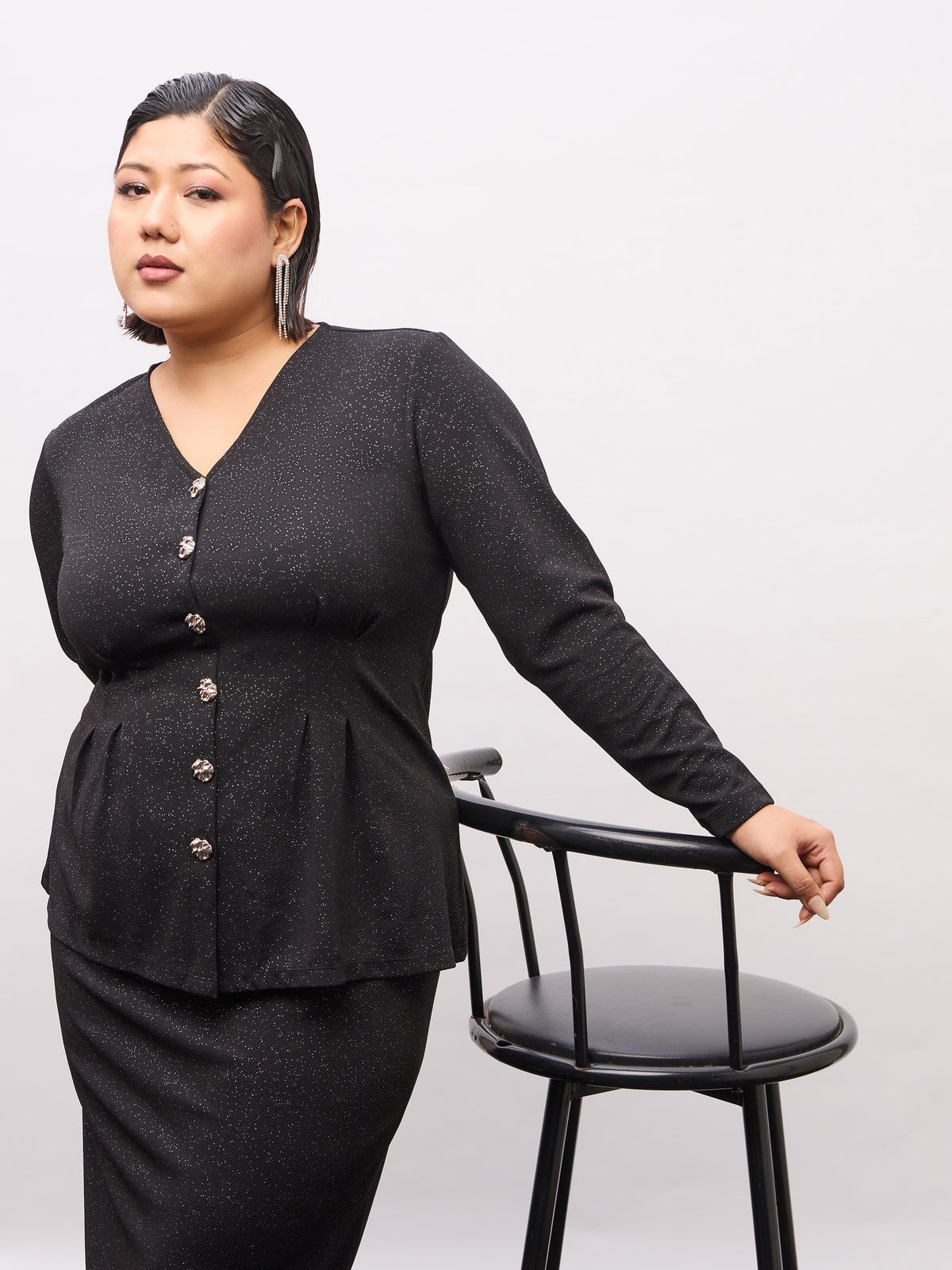 Black Metal Button Top With Midi Skirt-SASSAFRAS Curve