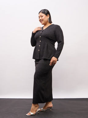 Black Metal Button Top With Midi Skirt-SASSAFRAS Curve