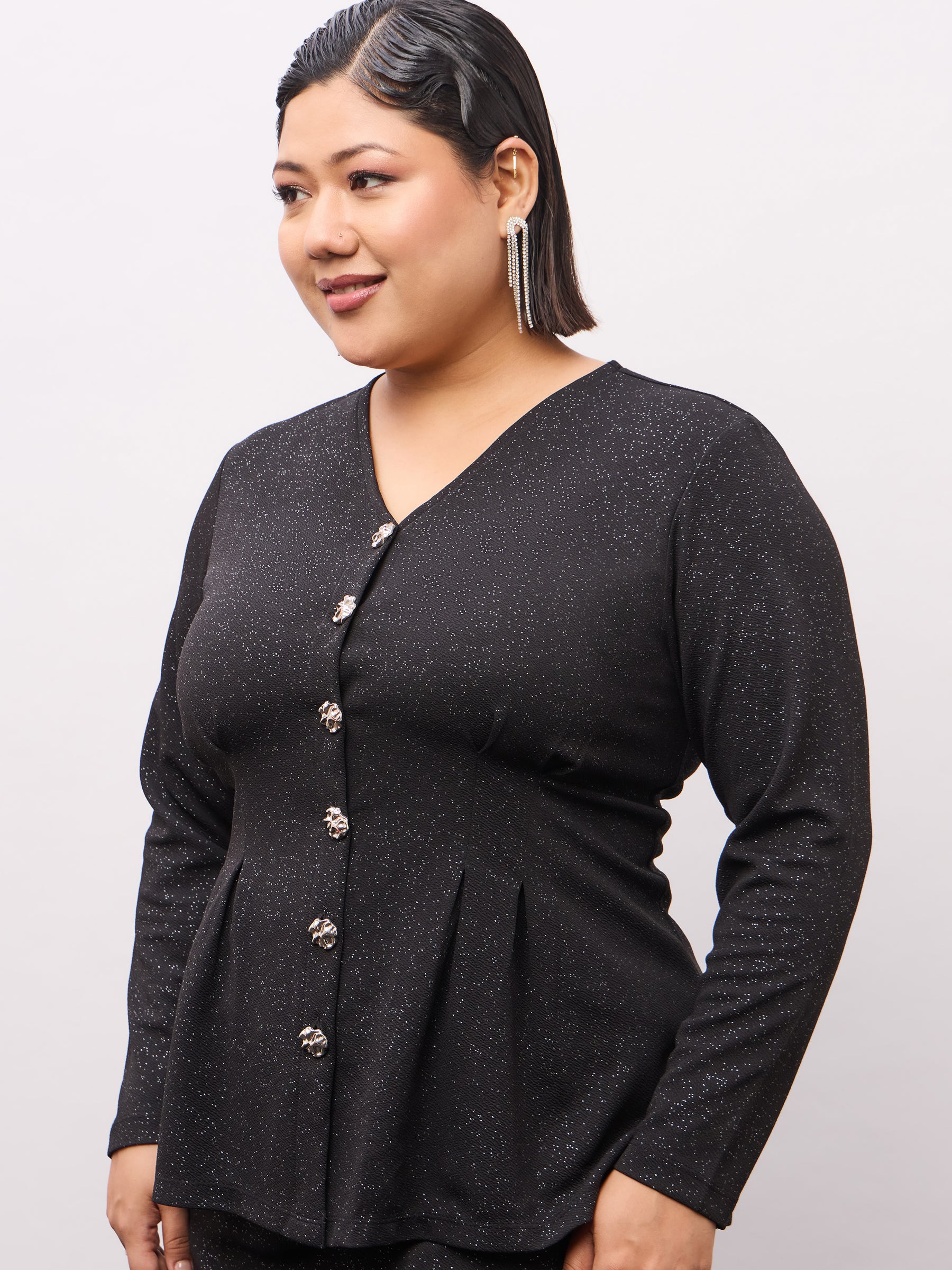 Black Metal Button Top With Midi Skirt-SASSAFRAS Curve