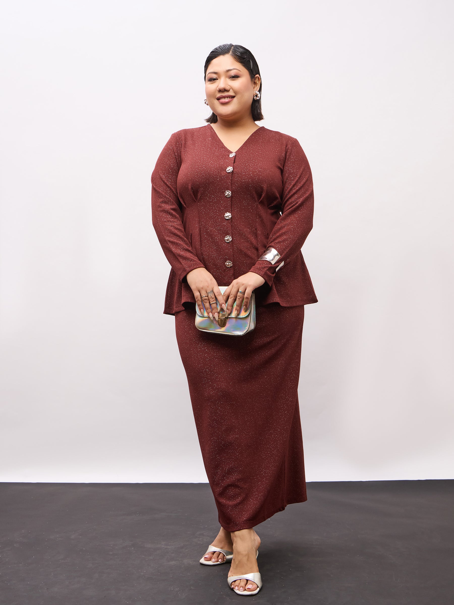 Brown Metal Button Top With Midi Skirt-SASSAFRAS Curve
