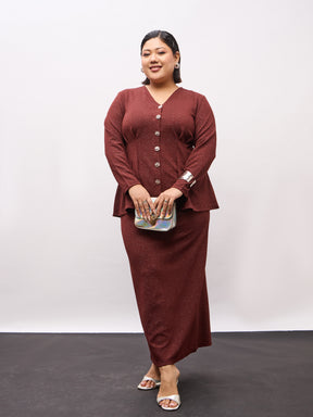 Brown Metal Button Top With Midi Skirt-SASSAFRAS Curve