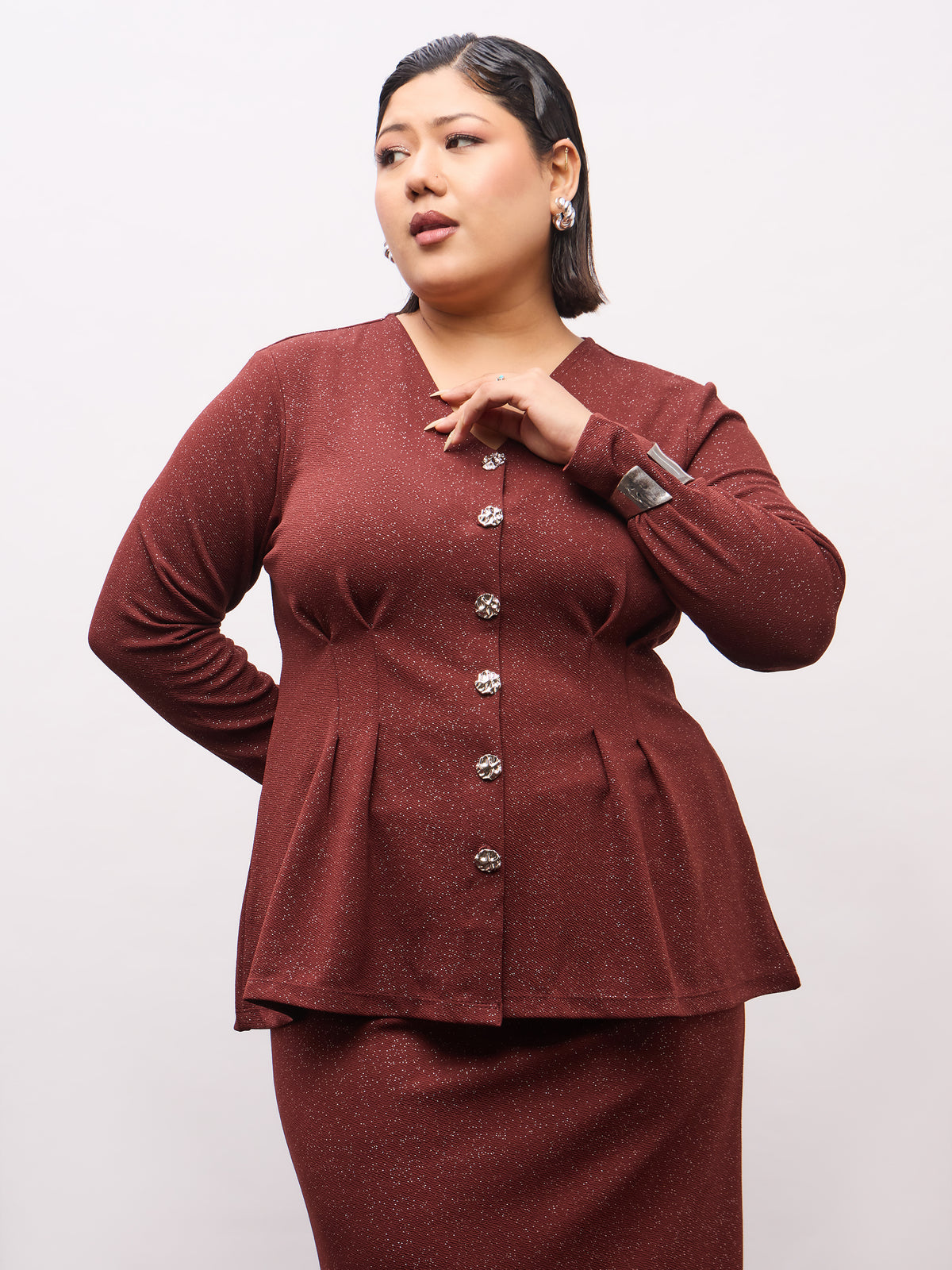 Brown Metal Button Top With Midi Skirt-SASSAFRAS Curve