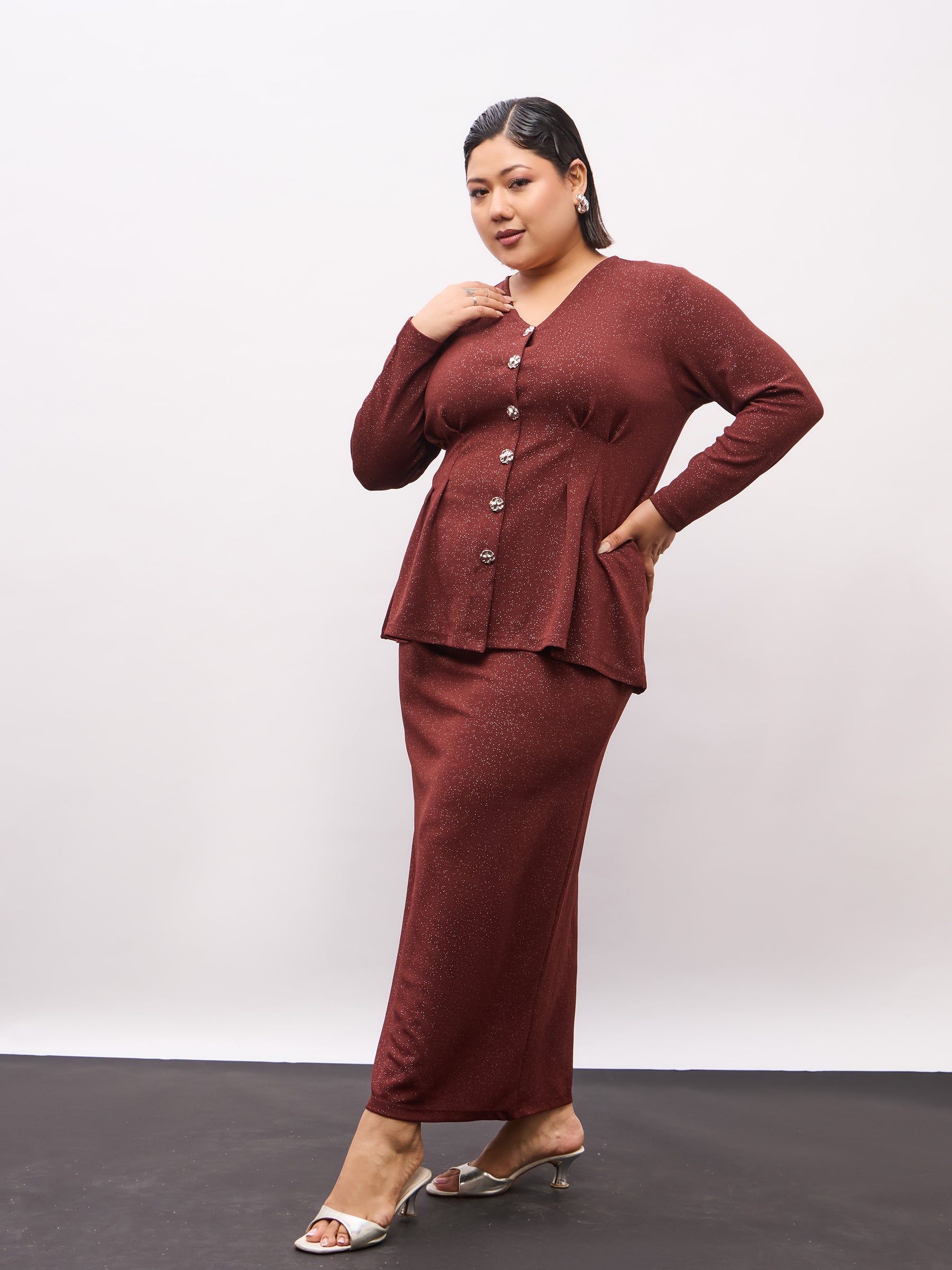 Brown Metal Button Top With Midi Skirt-SASSAFRAS Curve