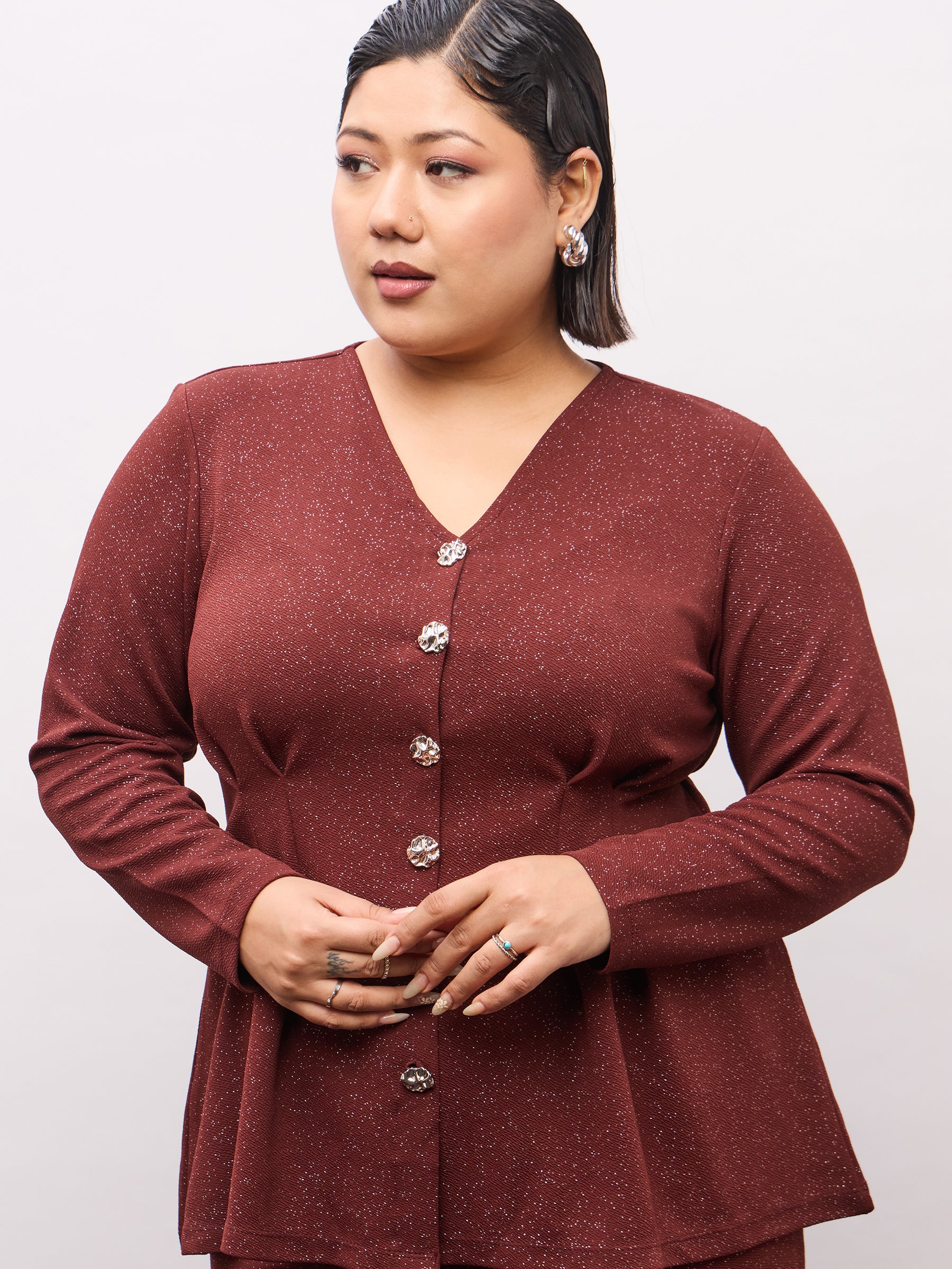 Brown Metal Button Top With Midi Skirt-SASSAFRAS Curve