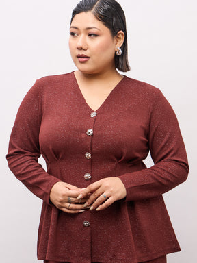 Brown Metal Button Top With Midi Skirt-SASSAFRAS Curve