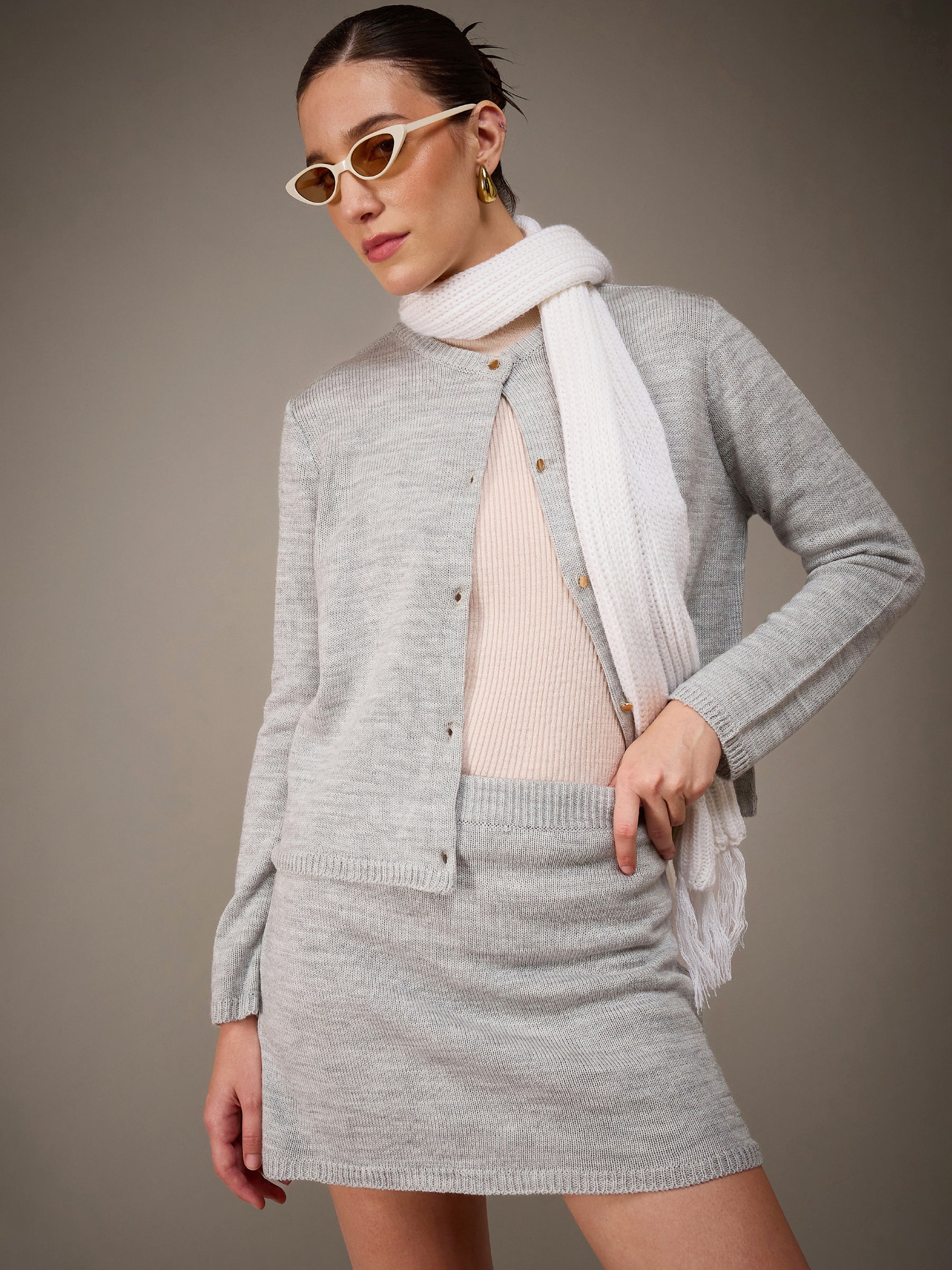 Grey Acrylic Wool Round Neck Cardigan With Short Skirt-SASSAFRAS