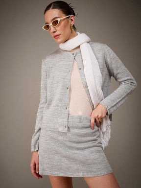 Grey Acrylic Wool Round Neck Cardigan With Short Skirt-SASSAFRAS