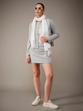 Grey Acrylic Wool Round Neck Cardigan With Short Skirt-SASSAFRAS