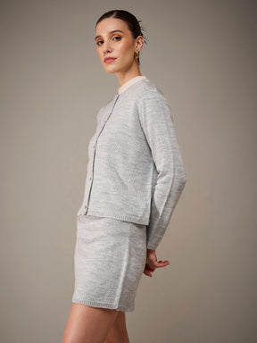 Grey Acrylic Wool Round Neck Cardigan With Short Skirt-SASSAFRAS