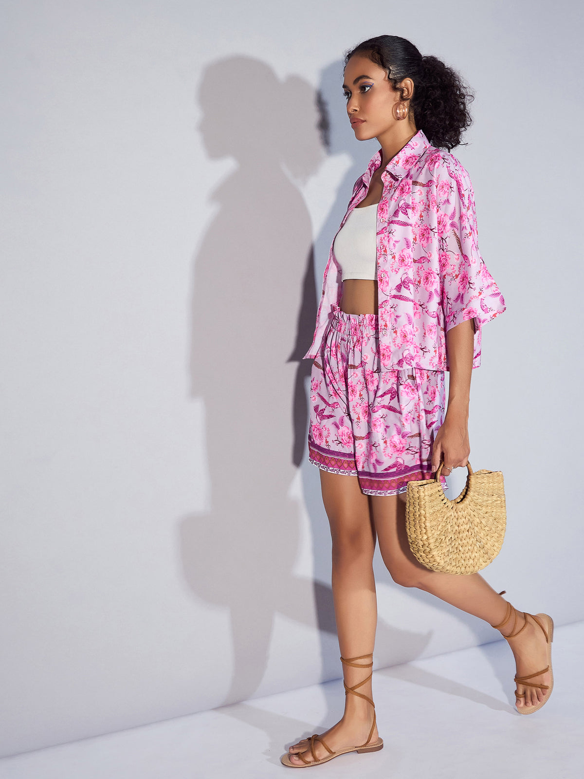 Women Pink Floral Boxy Shirt With Paperback Shorts