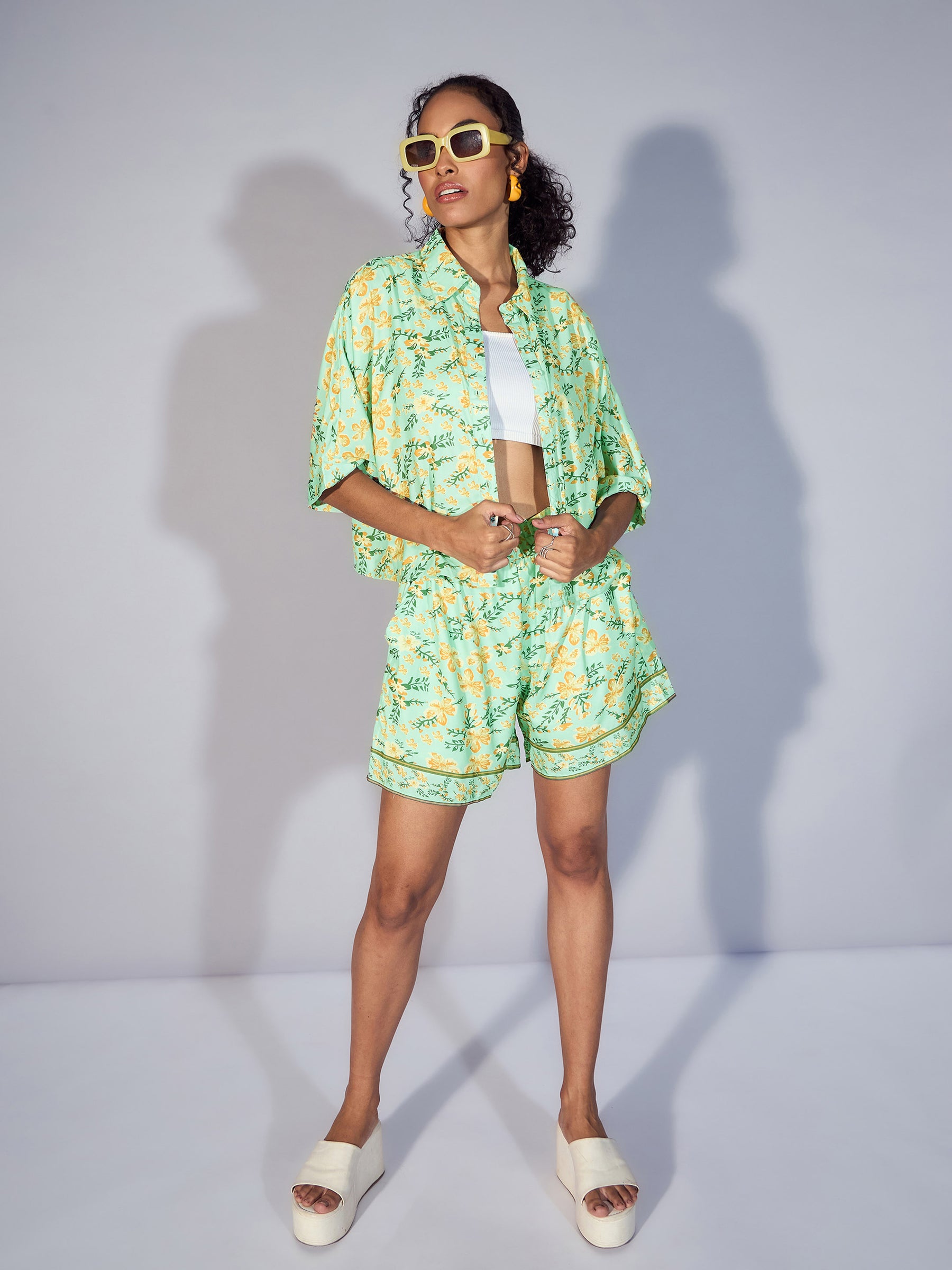 Women Green Floral Boxy Shirt With Paperback Shorts