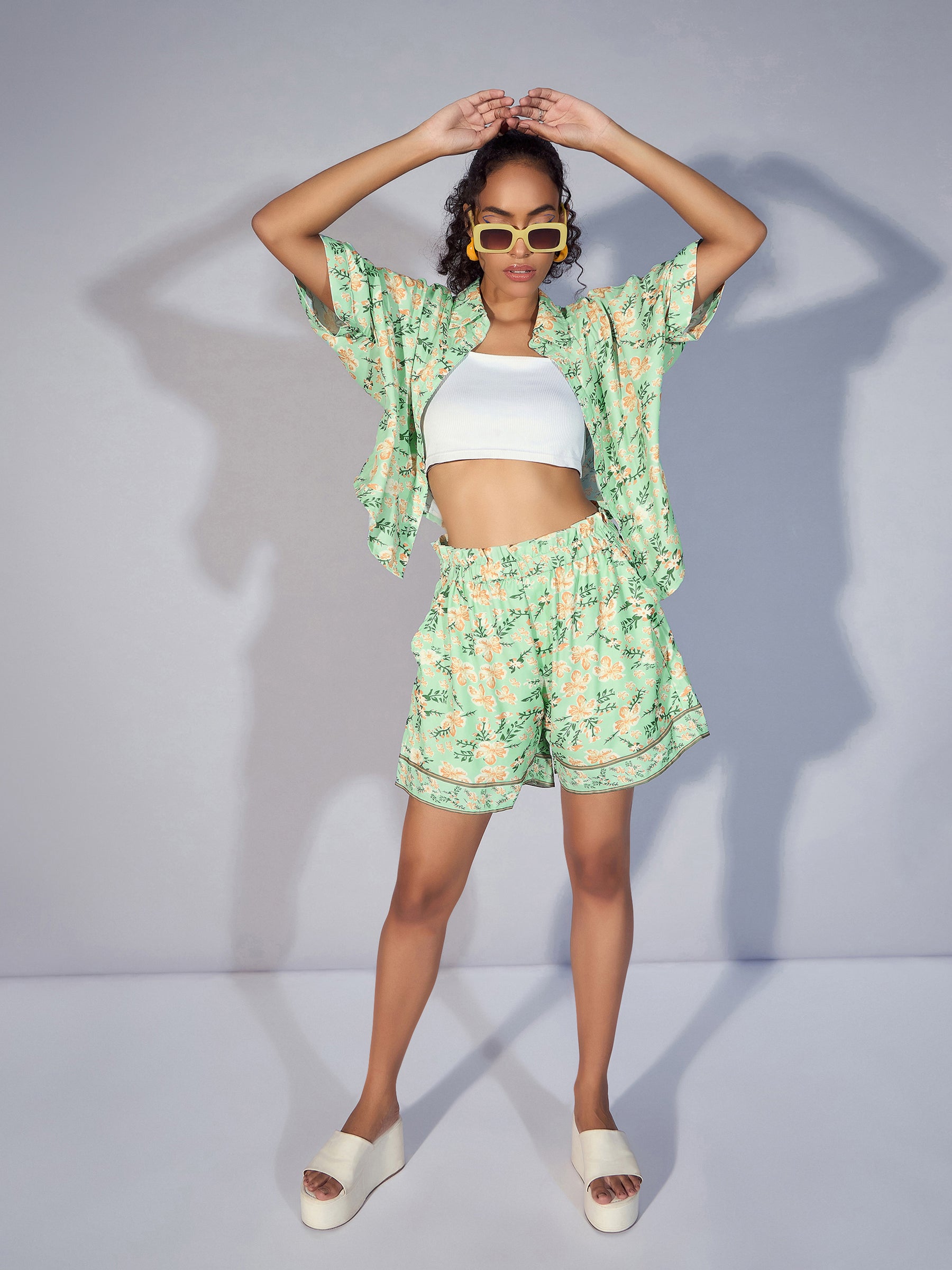 Women Green Floral Boxy Shirt With Paperback Shorts