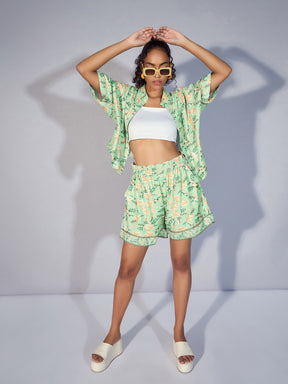 Women Green Floral Boxy Shirt With Paperback Shorts