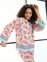 White & Sky Blue Tropical Notch Collar Shirt With Lounge Pants-SASSAFRAS alt-laze