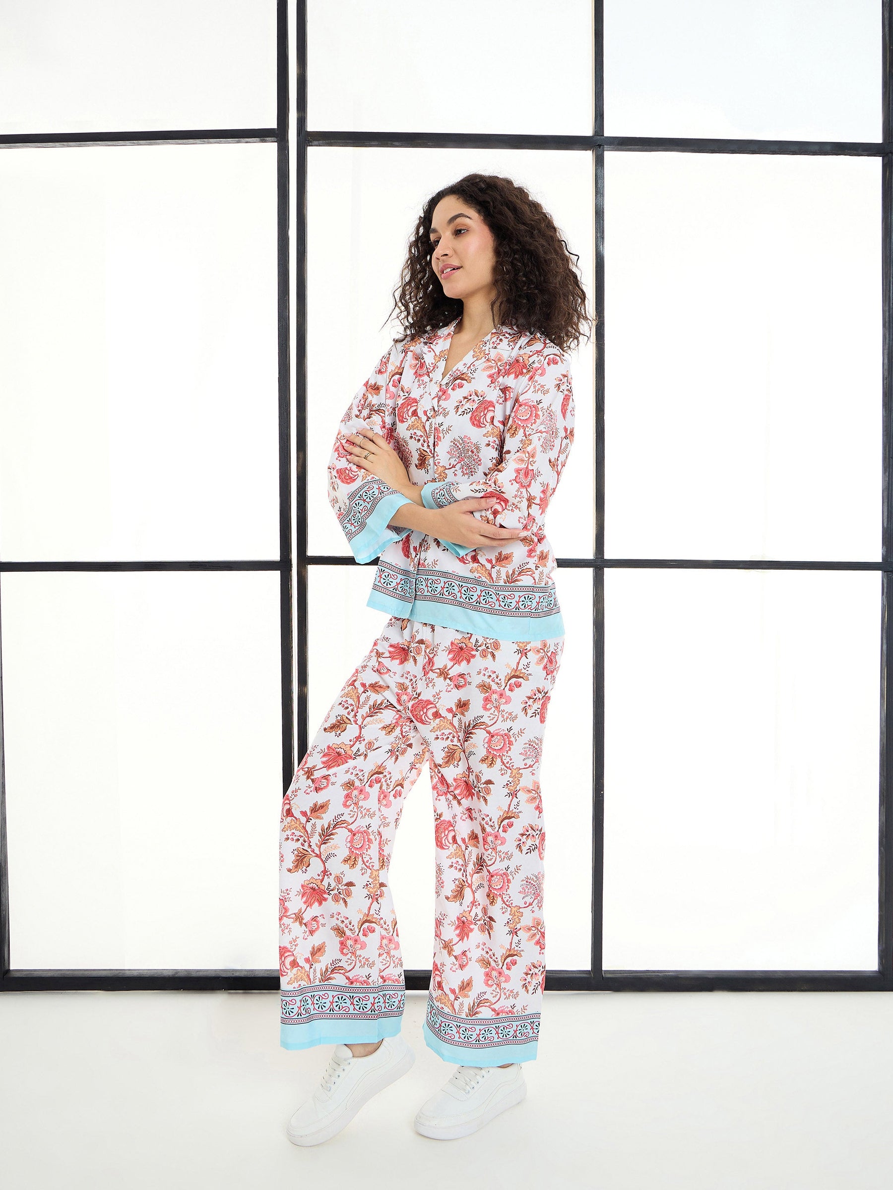 White & Sky Blue Tropical Notch Collar Shirt With Lounge Pants-SASSAFRAS alt-laze