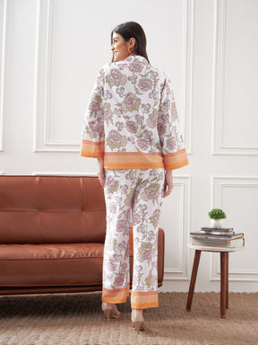 Women White & Mustard Floral Notch Collar Shirt With Lounge Pants