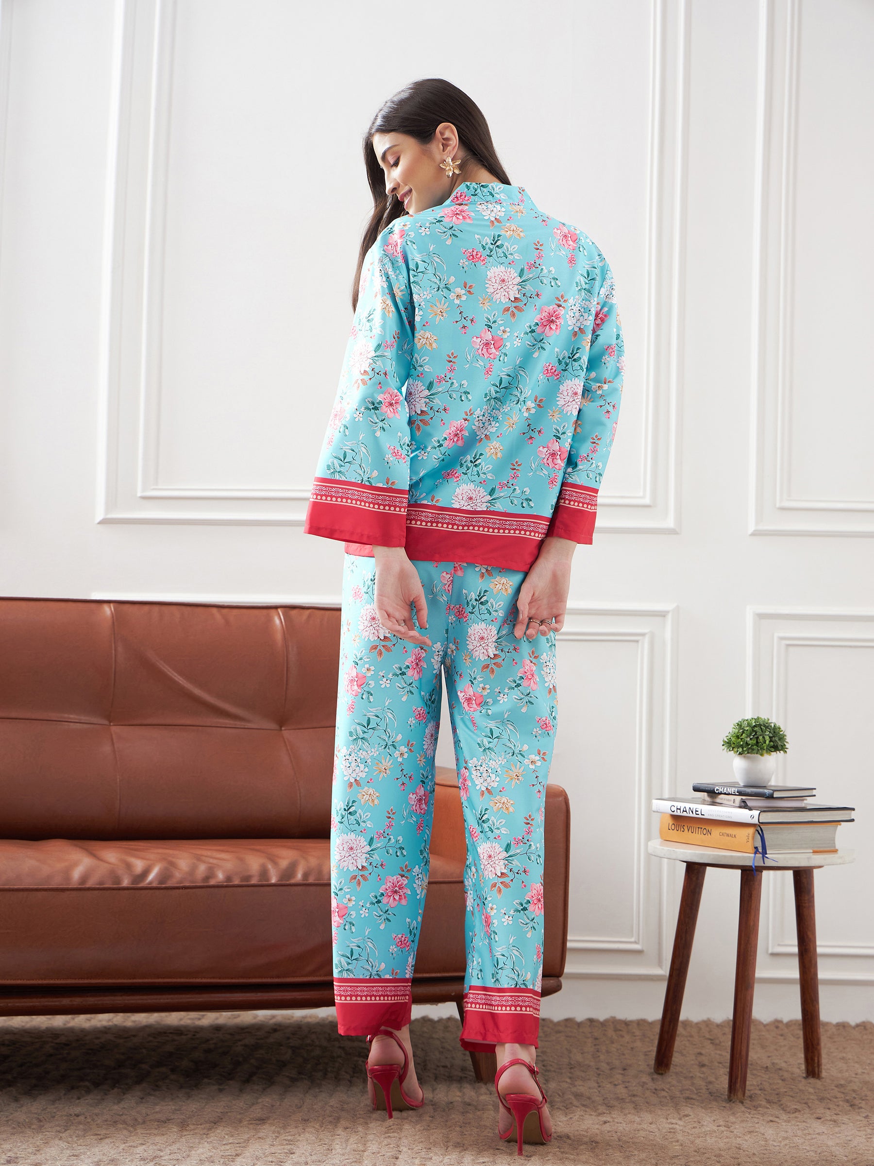 Women Turquoise & Magenta Floral Notch Collar Shirt With Lounge Pants