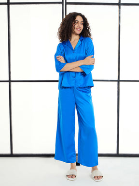 Cobalt Blue Satin Notch Collar Shirt With Lounge Pants-SASSAFRAS alt-laze