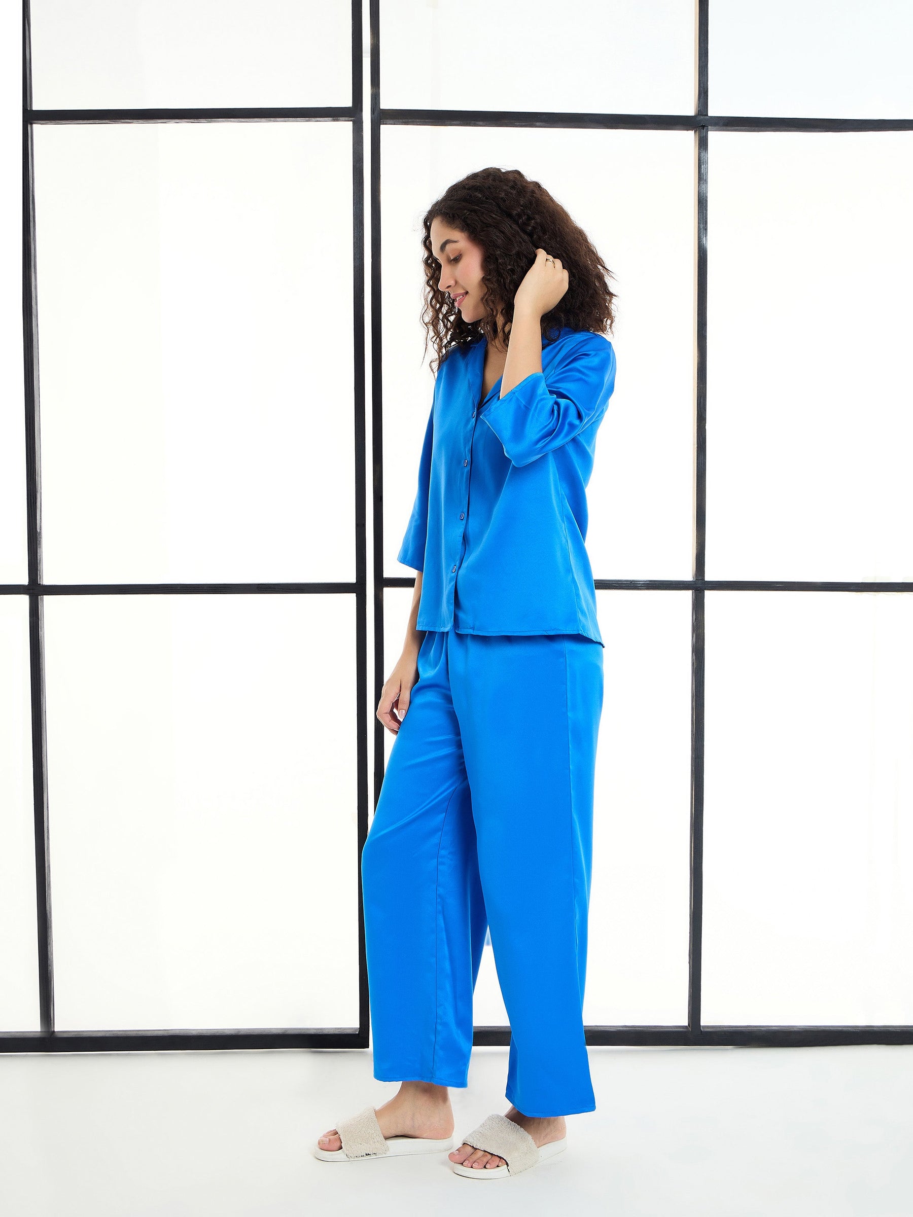 Cobalt Blue Satin Notch Collar Shirt With Lounge Pants-SASSAFRAS alt-laze