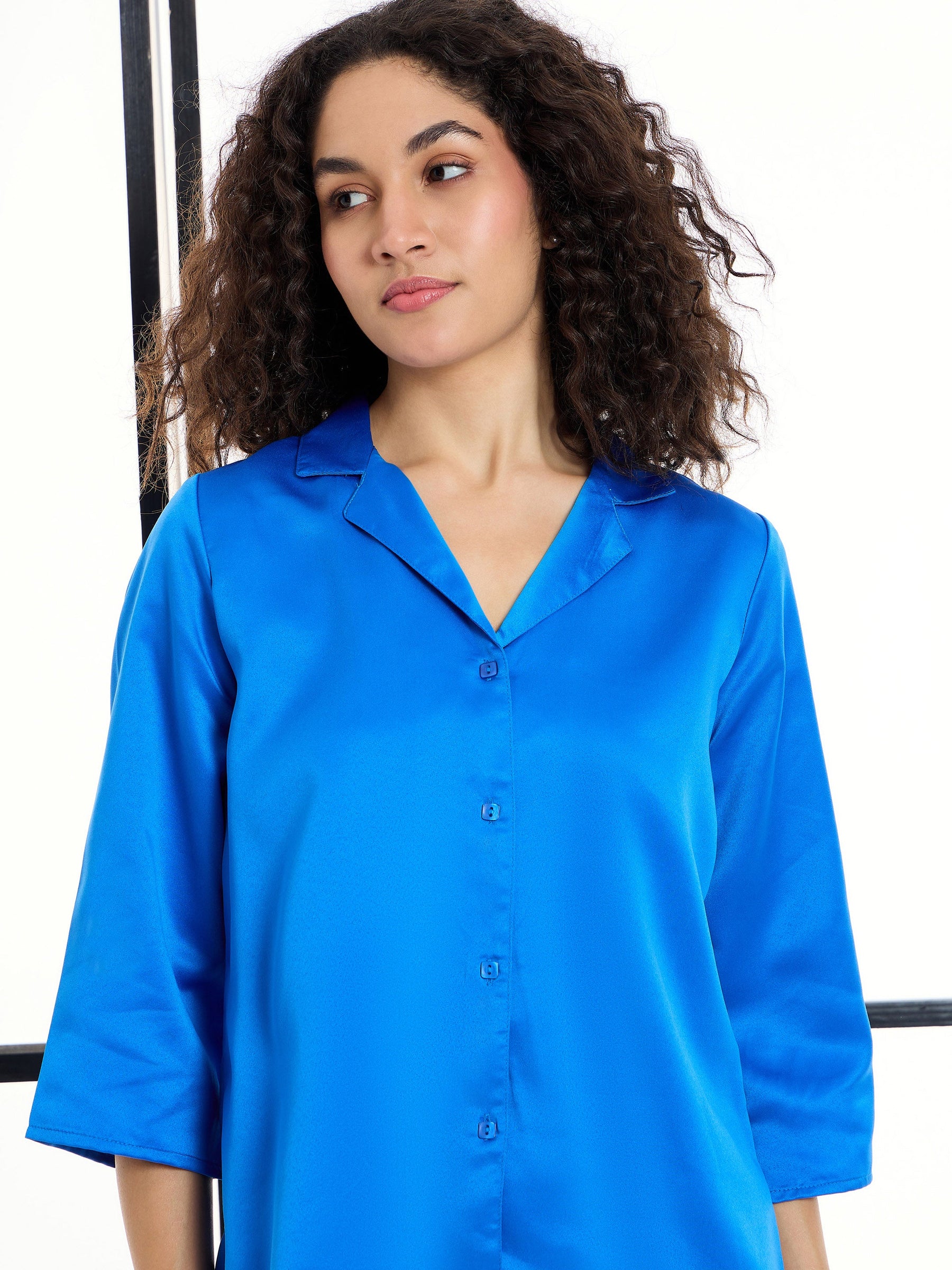 Cobalt Blue Satin Notch Collar Shirt With Lounge Pants-SASSAFRAS alt-laze