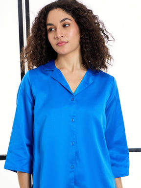 Cobalt Blue Satin Notch Collar Shirt With Lounge Pants-SASSAFRAS alt-laze