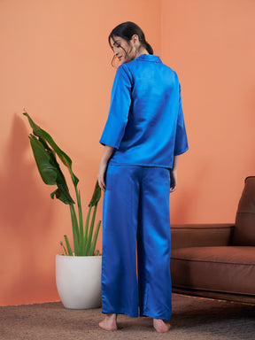 Women Cobalt Blue Satin Notch Collar Shirt With Lounge Pants