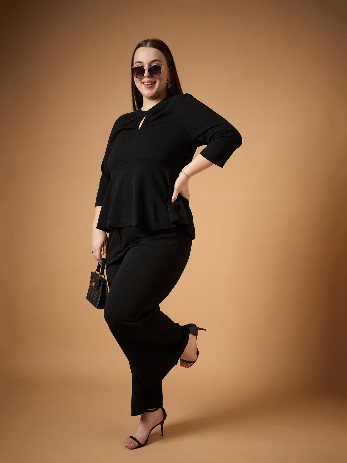 Black Keyhole Top With Bell Bottom Pants-SASSAFRAS Curve