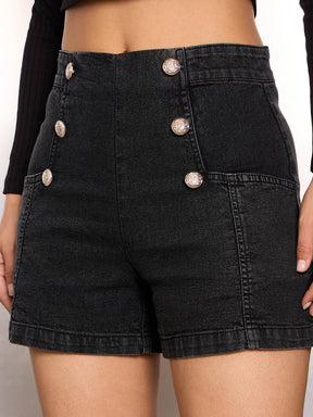 Black Washed  Denim Front Button Detail Shorts-SASSAFRAS
