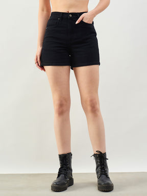 Women Black Denim Clean Look Shorts