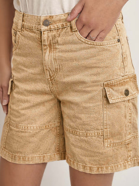Beige Overdyed Mid Rise Bermuda Shorts-SASSAFRAS
