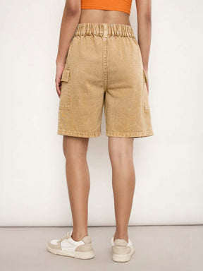 Beige Overdyed Mid Rise Bermuda Shorts-SASSAFRAS