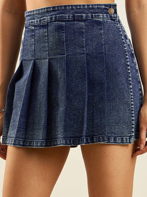 Blue Blast Wrap Pleated Denim Skorts-SASSAFRAS