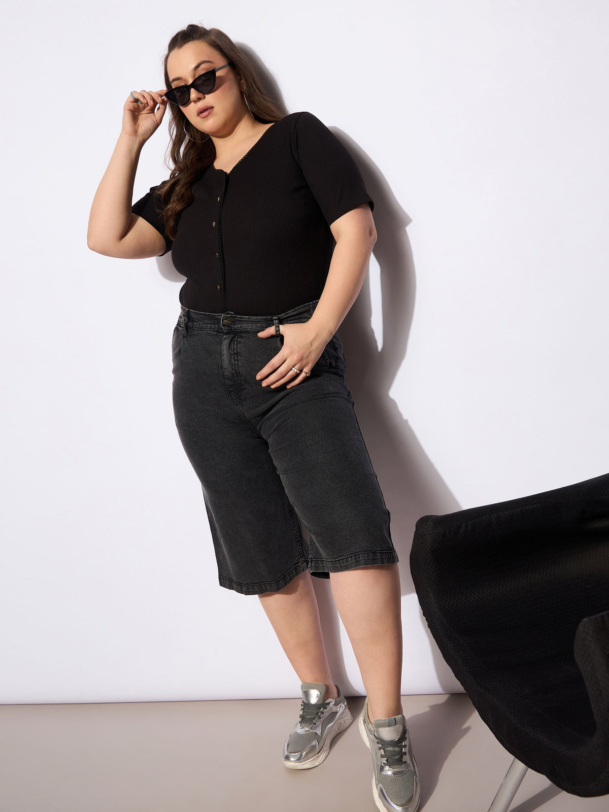 Black Denim Bermuda Shorts-SASSAFRAS Curve