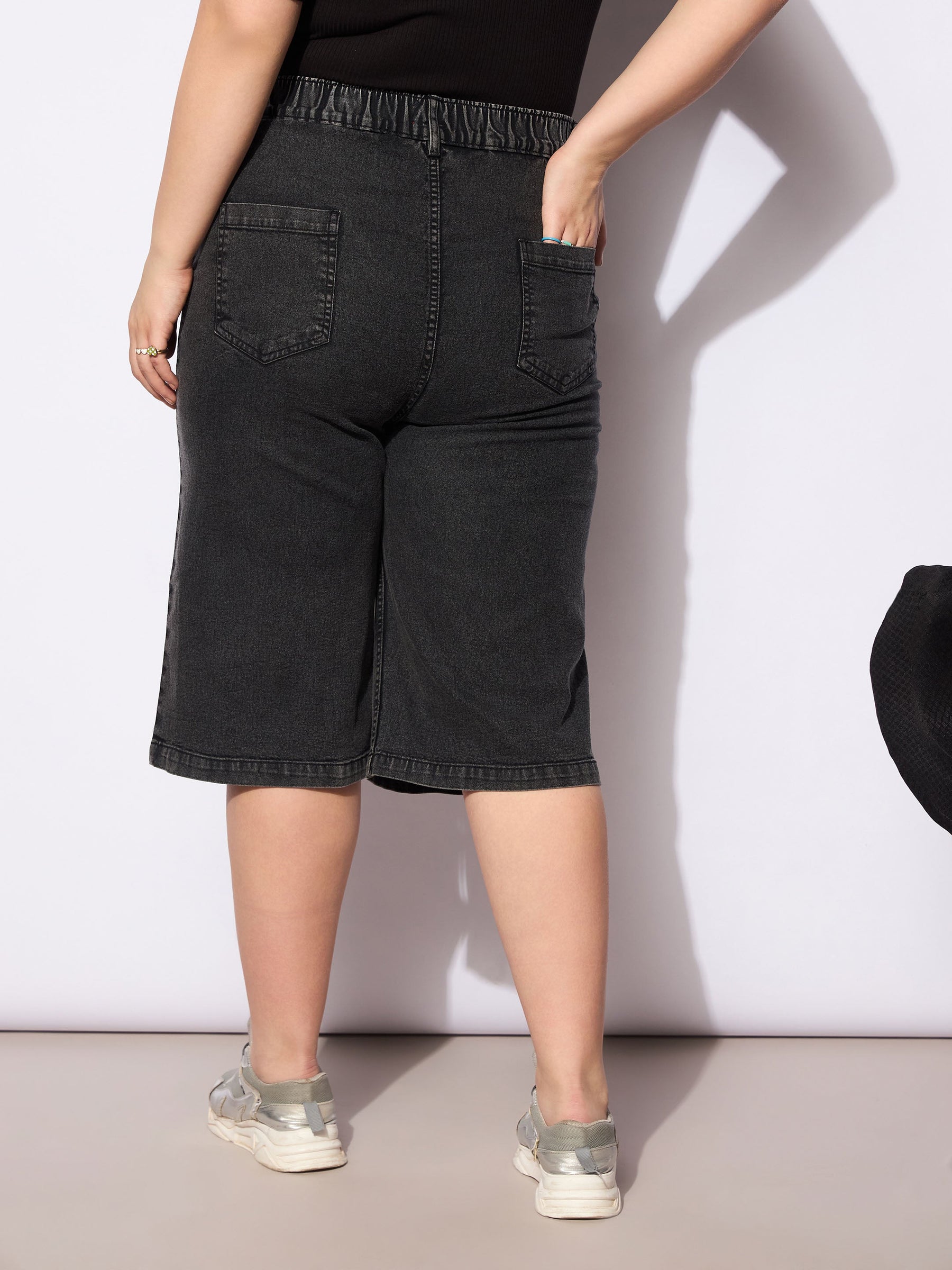 Black Denim Bermuda Shorts-SASSAFRAS Curve